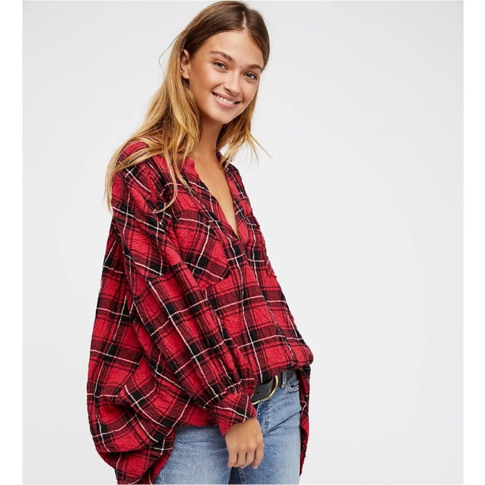 NWT FREE PEOPLE Not Your Boyfriends Plaid Red Tunic Sz S